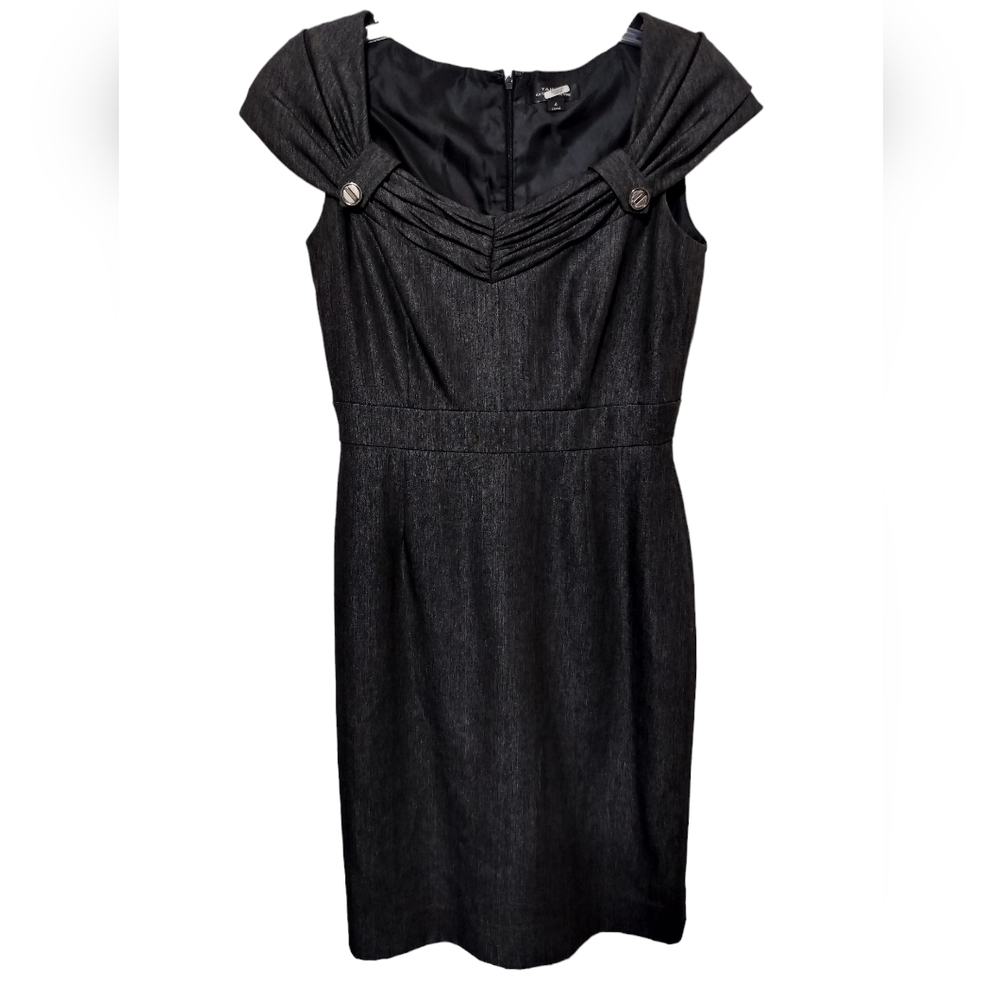 2449) Tahari ASL Gray Gathered Cap Sleeve Lined  Midi Sheath  Dres Size 4